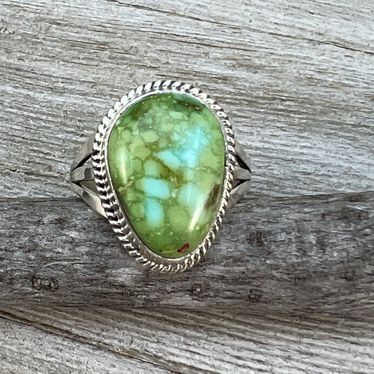 Size 7 1/2 Green Sonoran Turquoise Ring #1, Sterling Silver Judy Largo