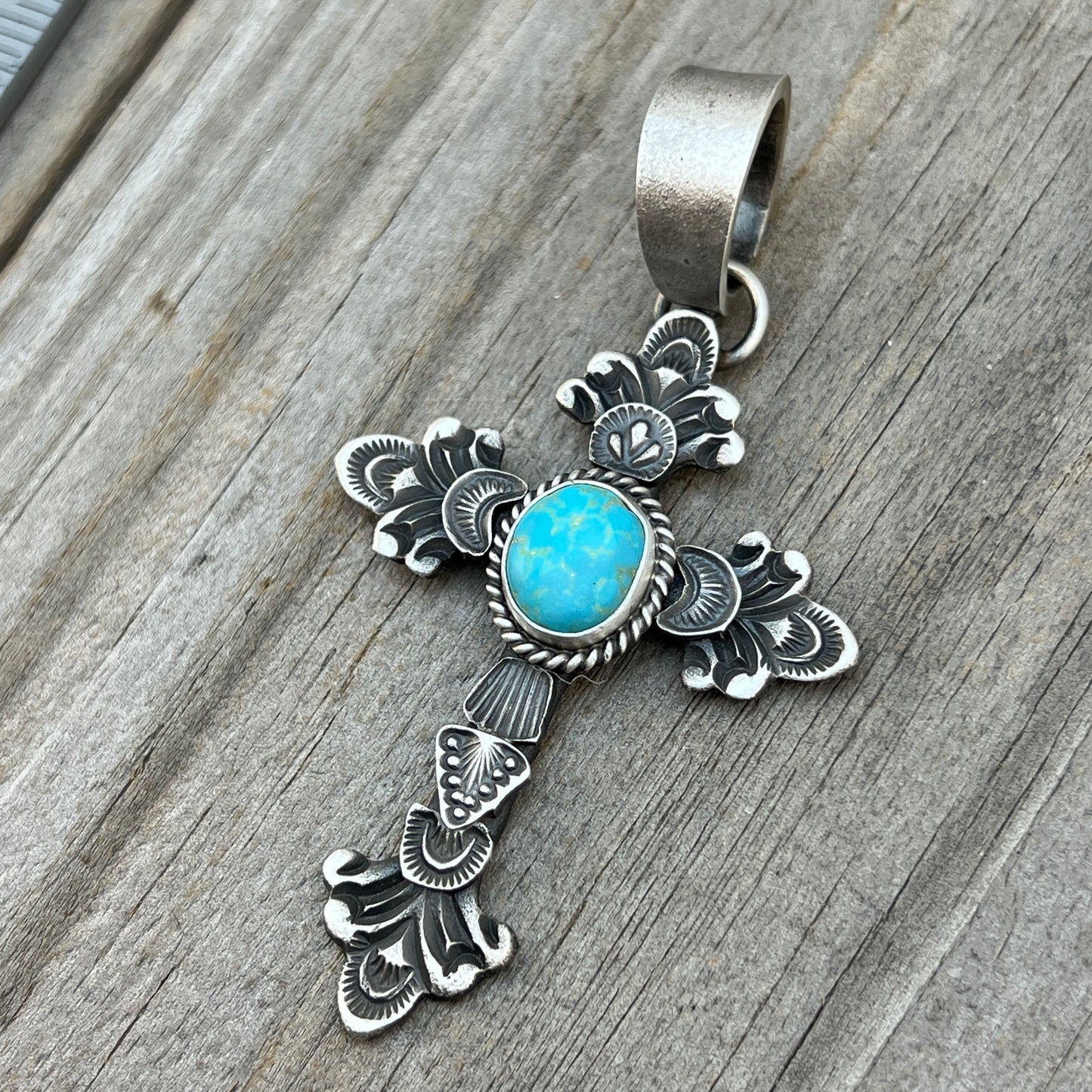 Kingman turquoise ornate cross pendant sterling silver Kevin Billah Navajo 807