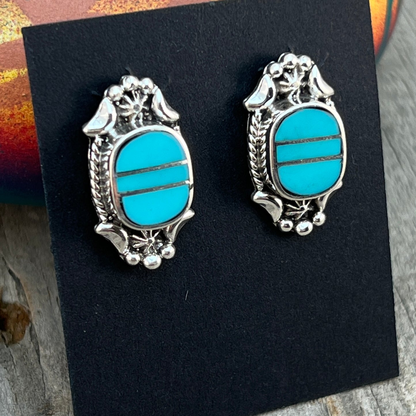 Modern Turquoise Inlay Stud Earrings Sterling Silver James Manygoats Navajo 667