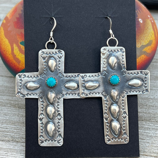 Navajo handmade large cross dangle earrings sterling silver turquoise Tim Yazzie 399