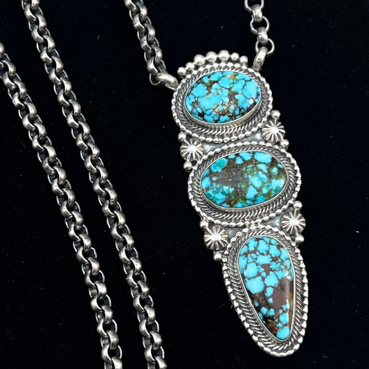 24" Kingman turquoise Necklace 2 Sterling Silver Rolo Chain Tom Lewis Navajo