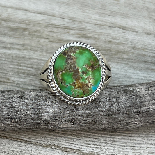 Size 8 1/2 Green Sonoran Turquoise Ring #3, Sterling Silver Judy Largo