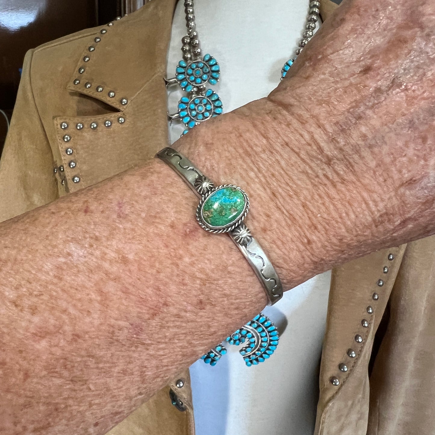 6 1/2" Green Sonoran Turquoise stacker Cuff bracelet 1, Sterling Silver Samuel Yellowhair BOHO