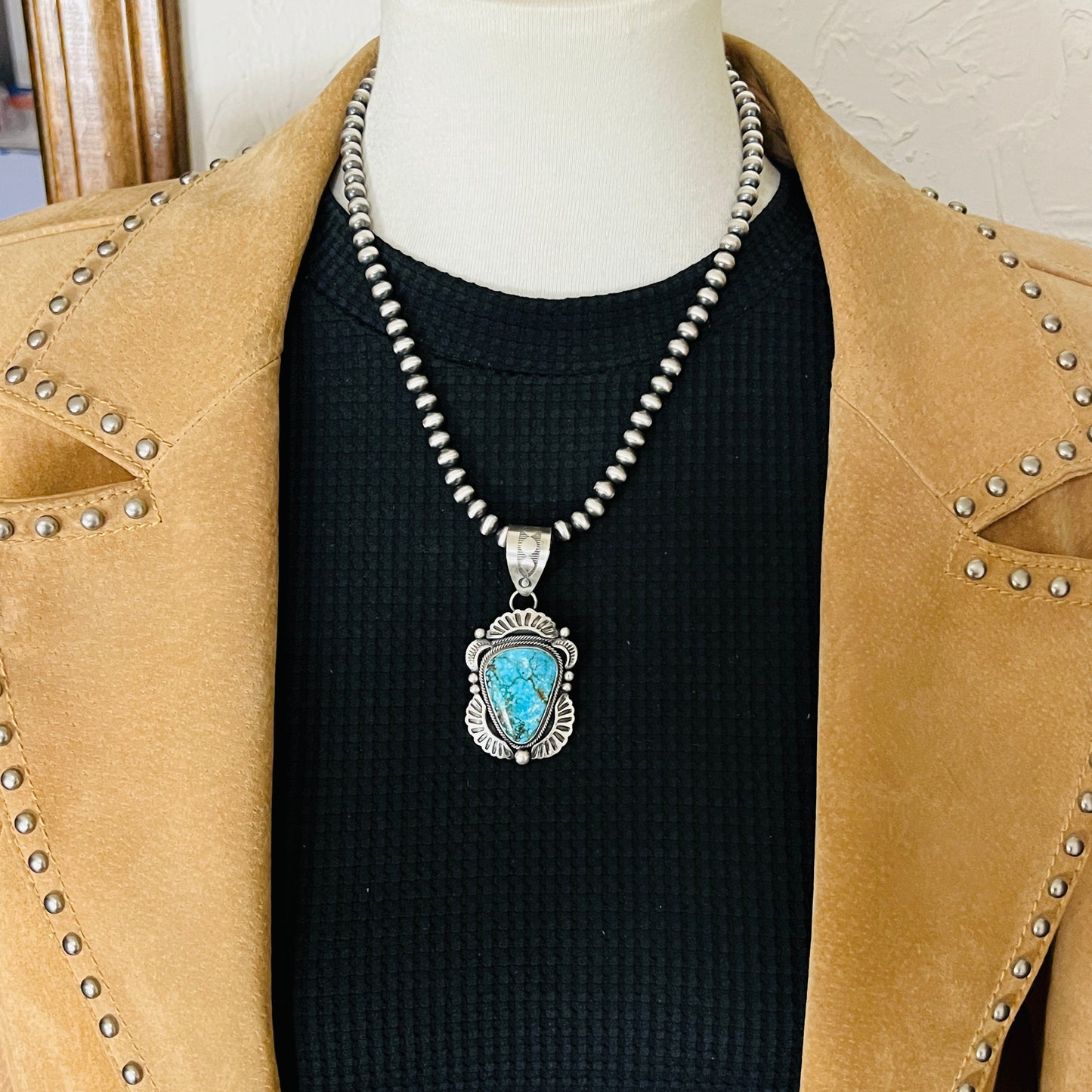 Blue Kingman Spiderweb Turquoise Pendant Navajo Sterling silver Jackson Hoskie