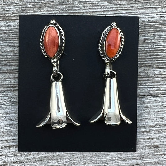 Orange Spiny Squash Blossom dangle earrings sterling silver turquoise Sheena Jack 408