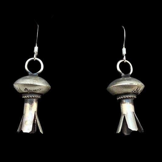 Small lightweight all silver squash blossom dangle earrings Sterling silver Monica Smith