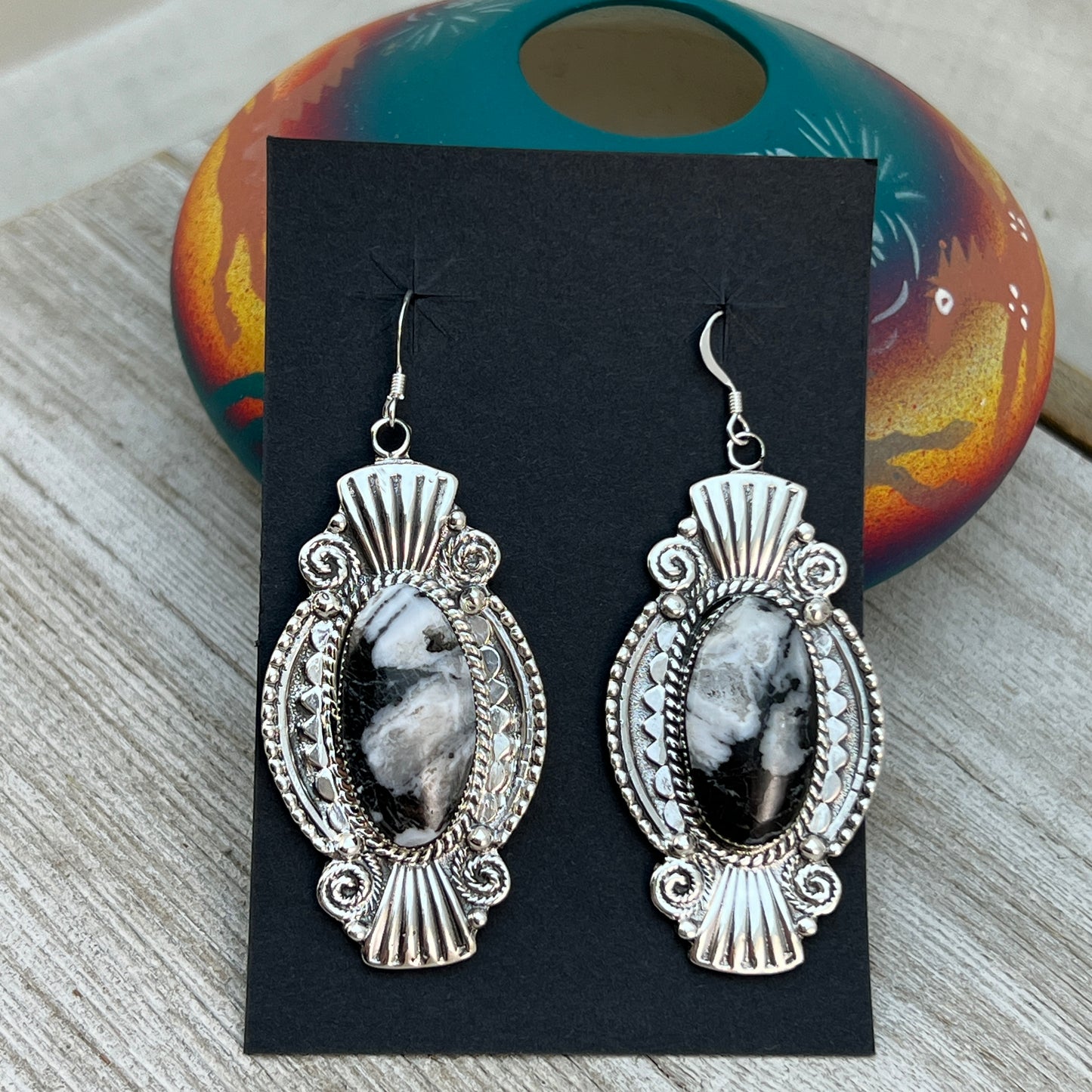 Navajo handmade large white Buffalo stone earrings sterling silver Irvin Tsosie