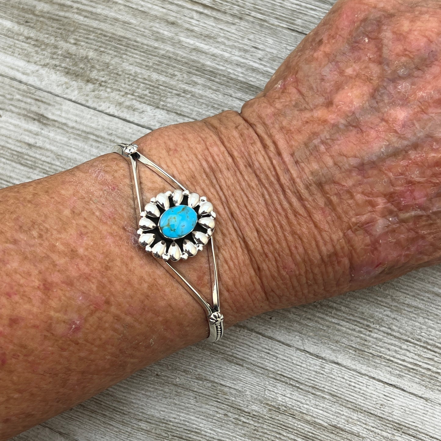 6 1/2" Stamped Navajo sterling silver turquoise cuff bracelet BR62