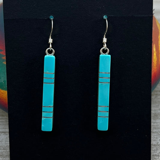 Modern Blue Turquoise inlay bar dangle earrings 1 sterling silver Zuni MaDerral Kallestewa