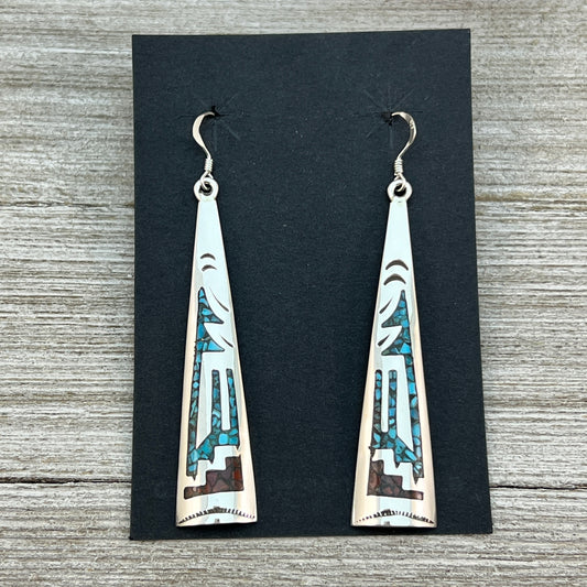 Long Dangle Turquoise coral chip inlay earrings #1, navajo handmade, signed Jolene Yazzie