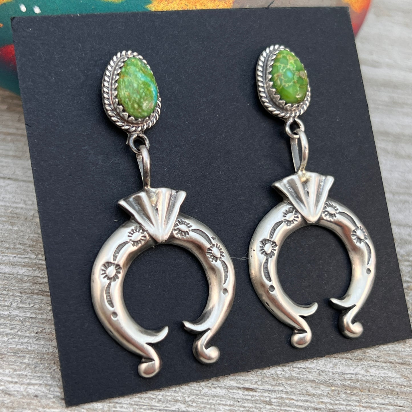 Green Sonoran Turquoise Naja Earrings 3, Navajo Paige Gordon Sterling Silver