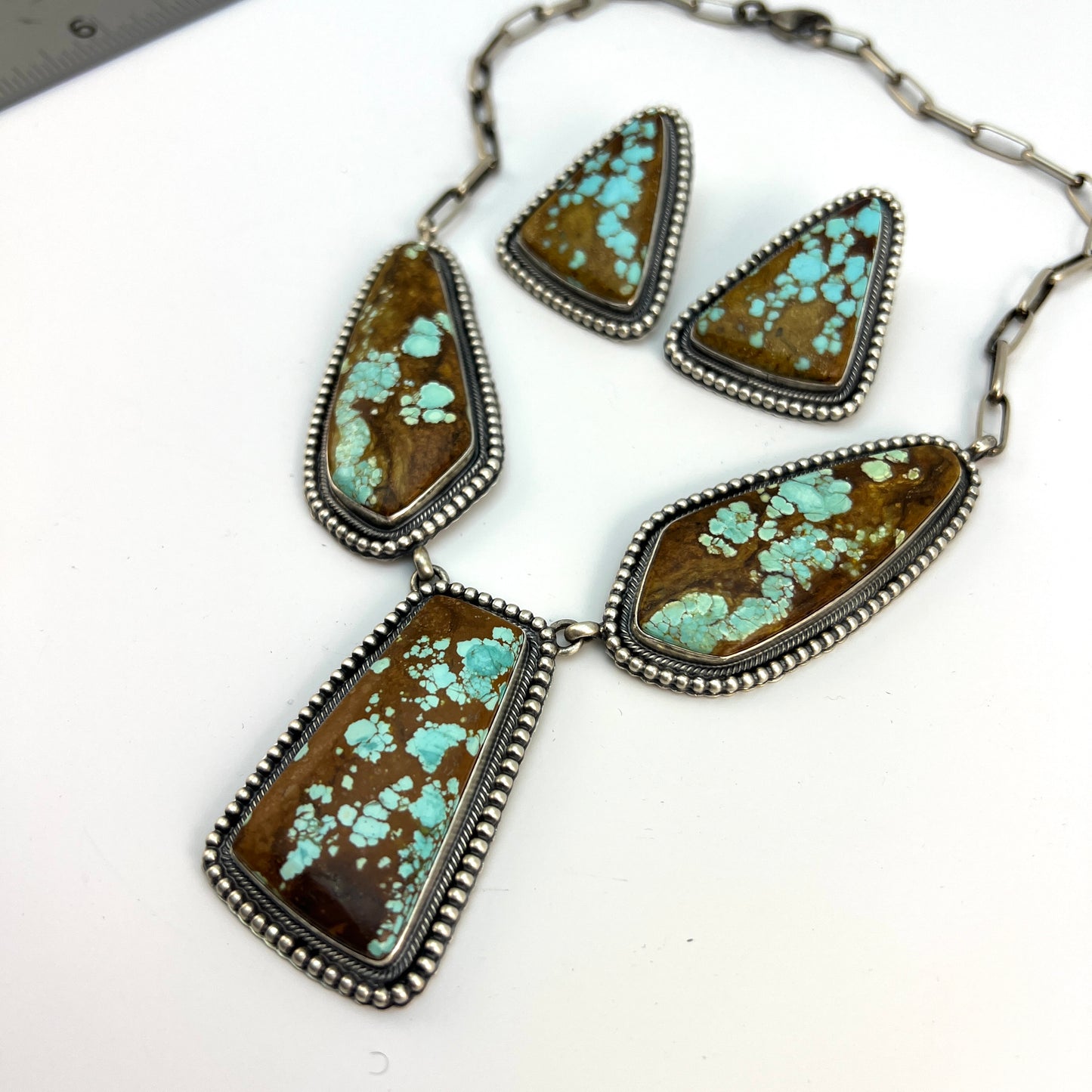 #8 Turquoise Station Necklace Earrings Set Sterling Silver Navajo Darrin Livingston 642