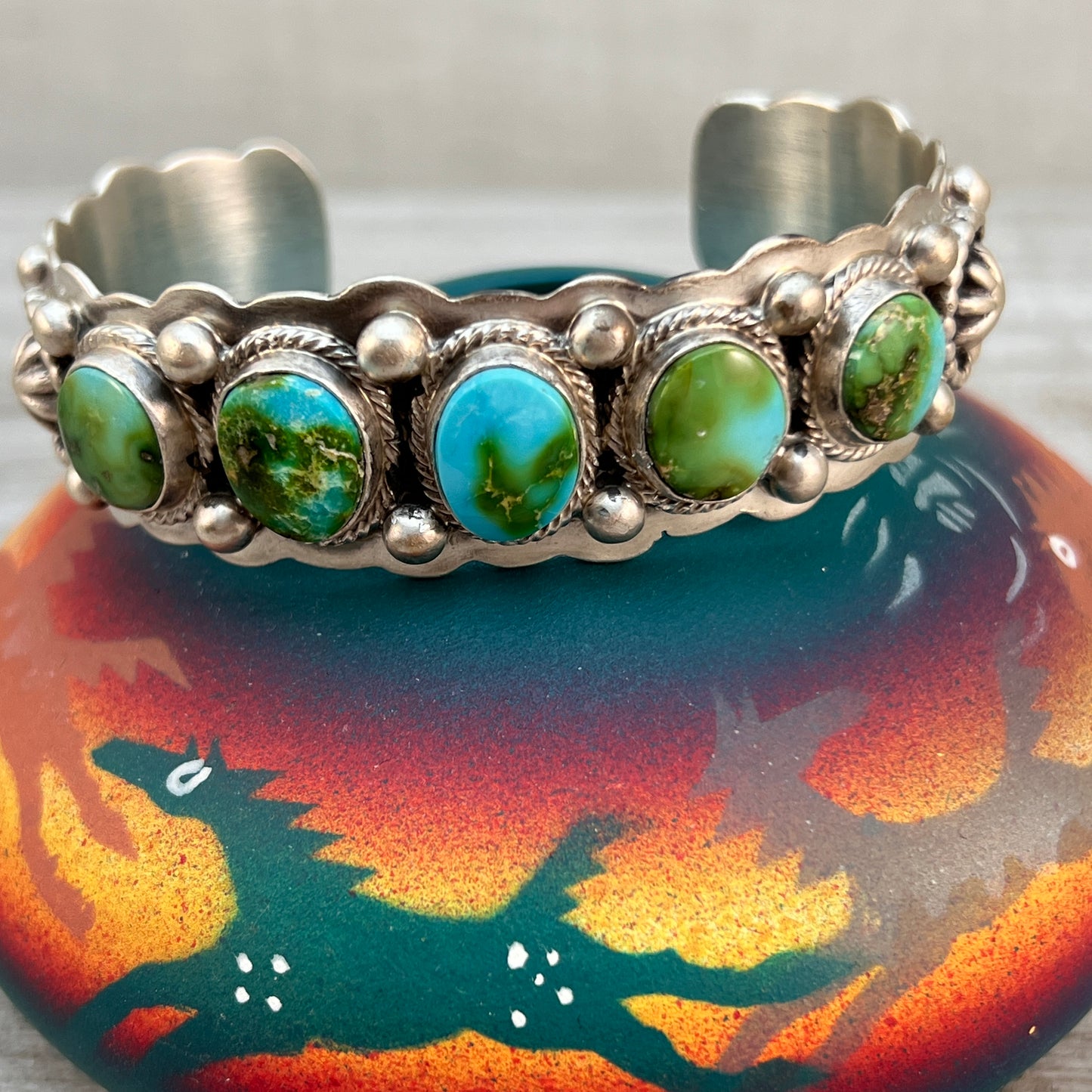 6 1/2" - 6 3/4" Sonoran Turquoise 5 stone Cuff Bracelet 2, Navajo TOM LEWIS Sterling silver