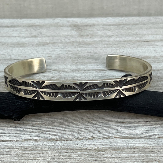 7.25" Sterling silver narrow deep stamped Cuff Bracelet Navajo Jerrold Tahe men's boho
