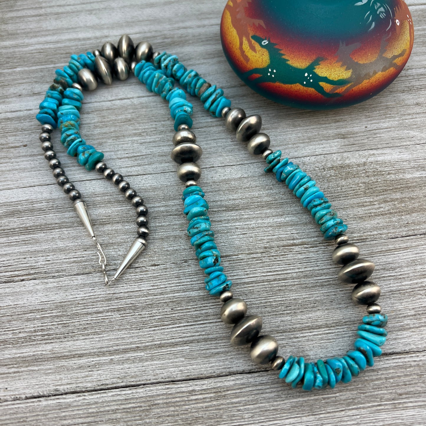 30" long blue turquoise bead nuggets necklace, sterling silver handmade Navajo pearls