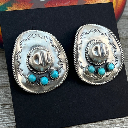 Cowboy hat earrings Turquoise sterling silver Navajo handmade Bobby Platero