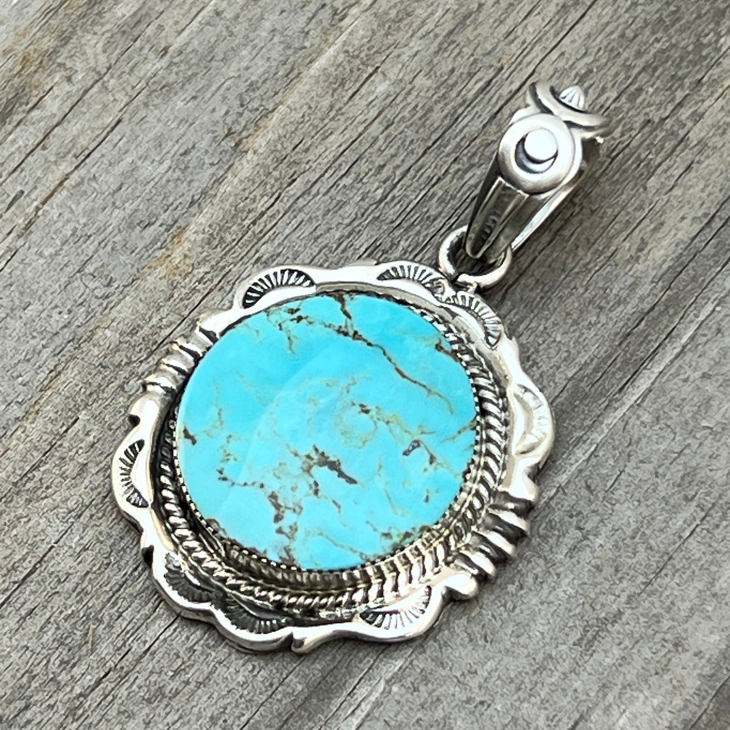 Kingman Turquoise Pendant Sterling silver Navajo handmade Jeremy Delgarito 762
