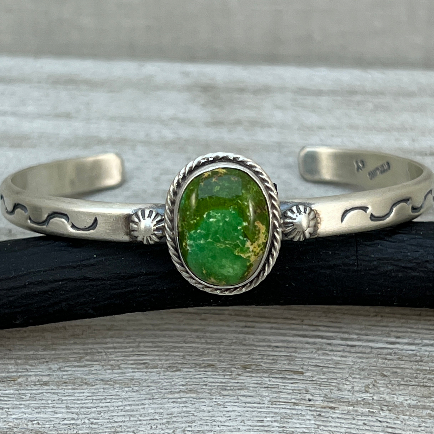 6.75" Green Sonoran Gold turquoise Cuff Bracelet, Sterling Silver Navajo Samuel Yellowhair