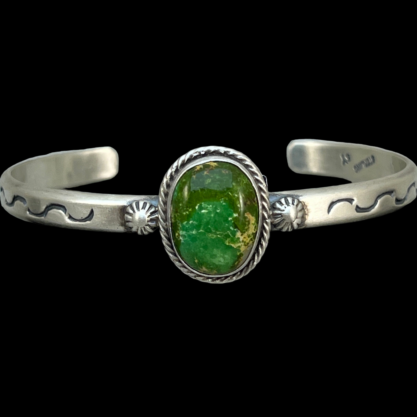 6.75" Green Sonoran Gold turquoise Cuff Bracelet, Sterling Silver Navajo 20 Samuel Yellowhair