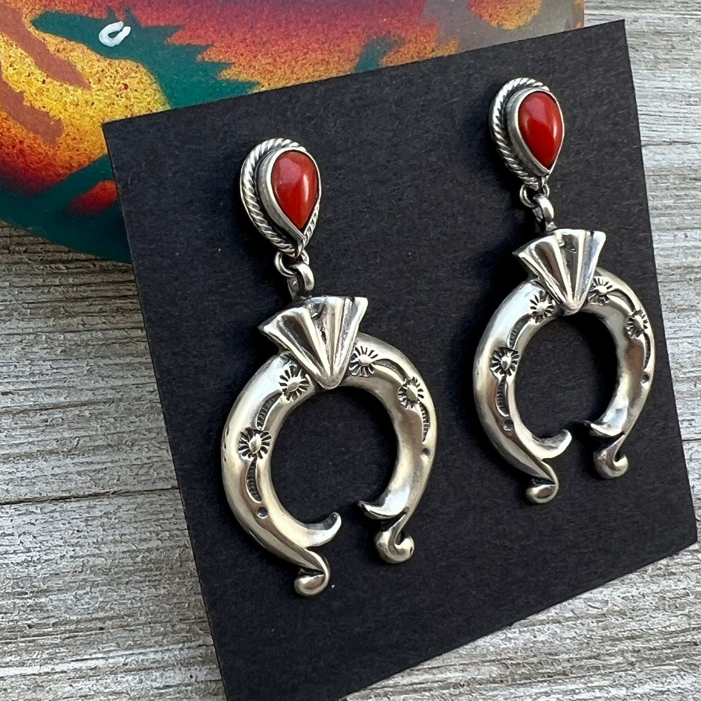 Red Mediterranean Coral Naja Earrings, Navajo Verley Betone Sterling Silver