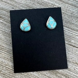 Small teardop real turquoise stud earrings, fish scale, Zuni handmade, sterling silver, Thurza Leekya