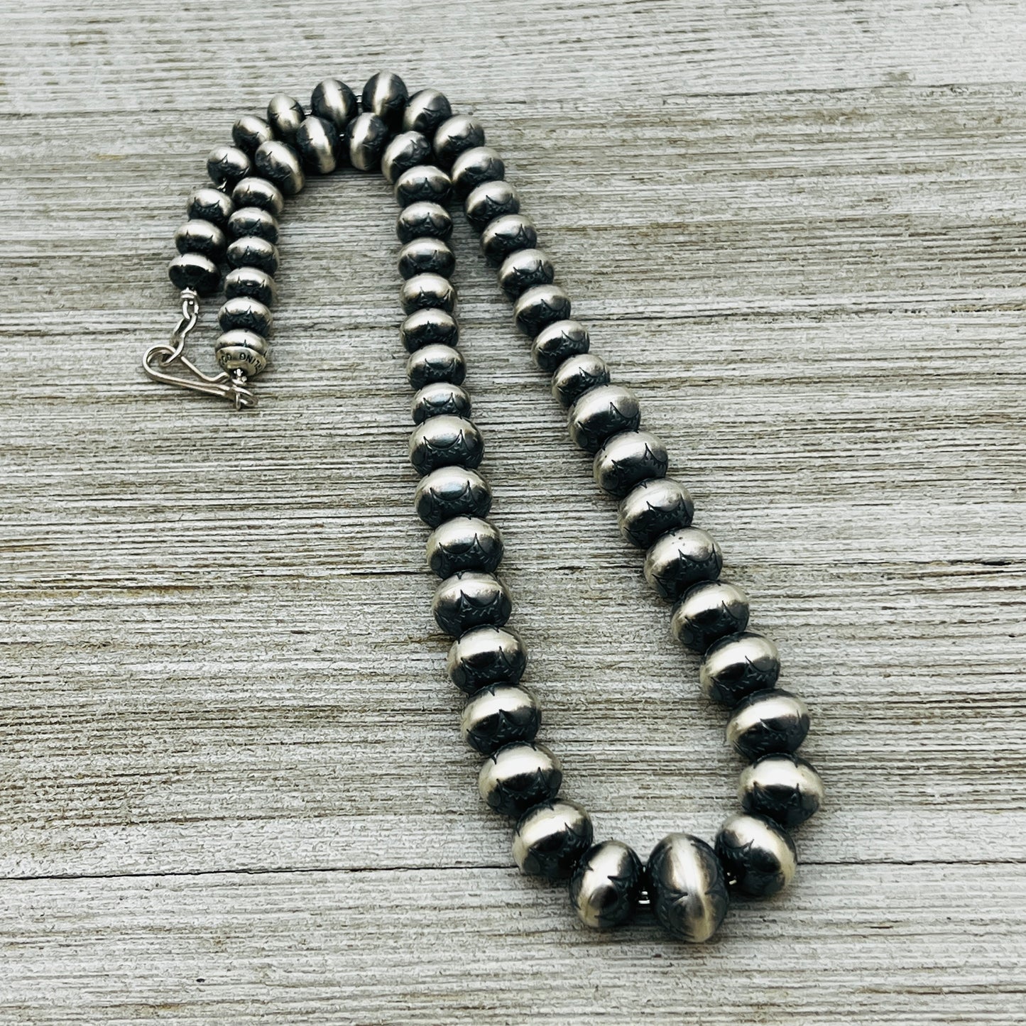 18" Sterling silver handmade Navajo Pearl Graduated stamped bead necklace Bryannen Halwood signed
