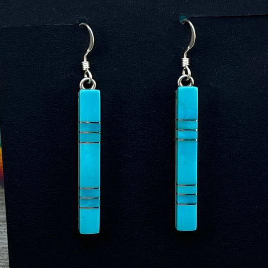 Modern Blue Turquoise inlay bar dangle earrings 3 sterling silver Zuni MaDerral Kallestewa