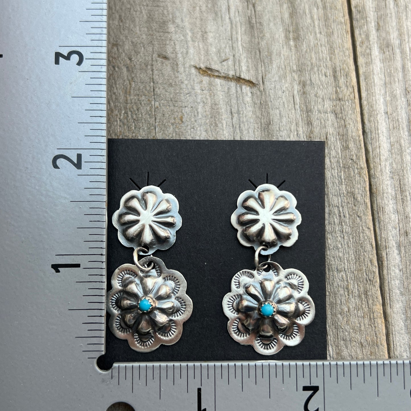 Turquoise stamped concho dangle earrings sterling silver Lavina Benally Navajo 714