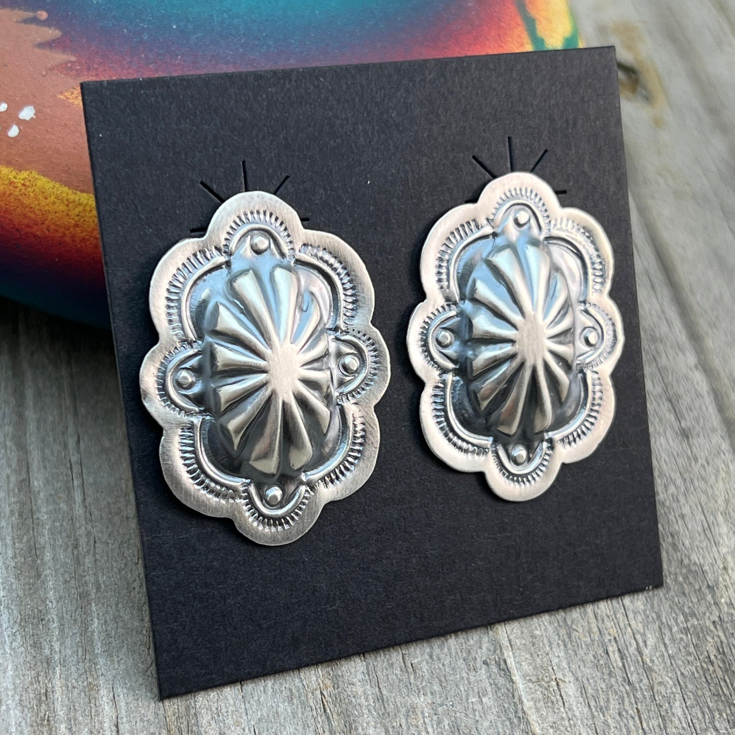 Hand Stamped concho earrings sterling silver Lavina Benally Navajo 713