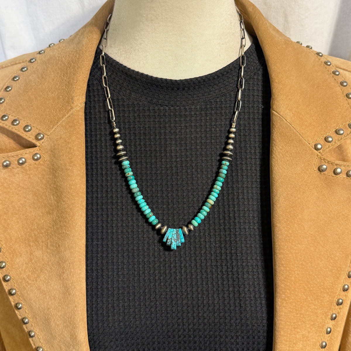 22" Kingman Turquoise Bead Necklace Sterling silver Navajo handmade paperclip Chain