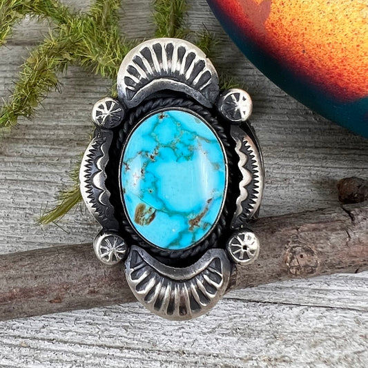 Size 7.5 / A Beautiful High Grade, Blue, Kingman spiderweb Turquoise ring, Heavy handmade by Navajo artist, Gilbert Tom, signed,