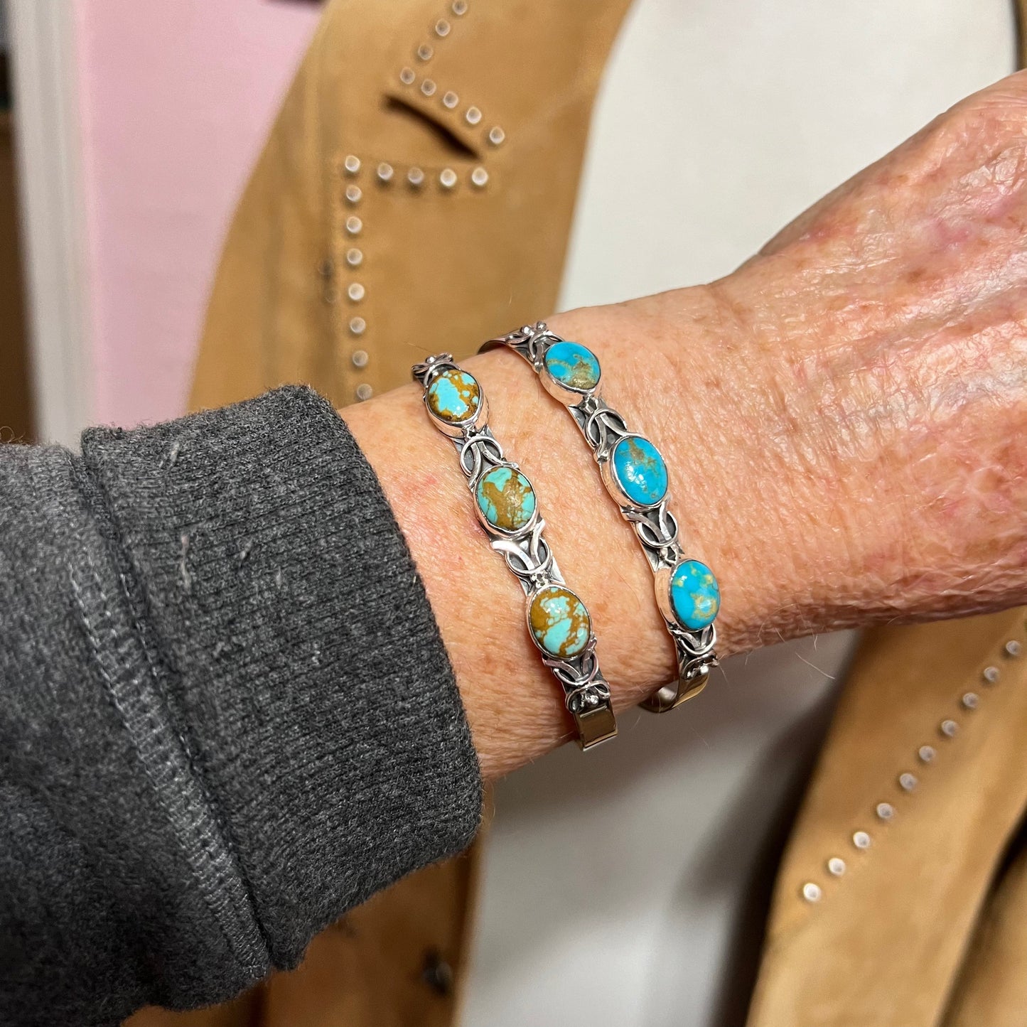 6 1/2" - 7" Kingman Turquoise narrow stacker cuff bracelet #5, Navajo handmade Thomas Yazzie, sterling silver artist signed