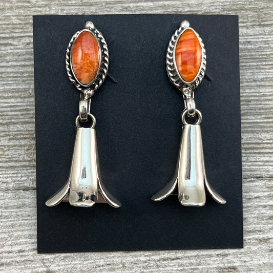 Orange Spiny Squash Blossom dangle earrings sterling silver turquoise Sheena Jack 407