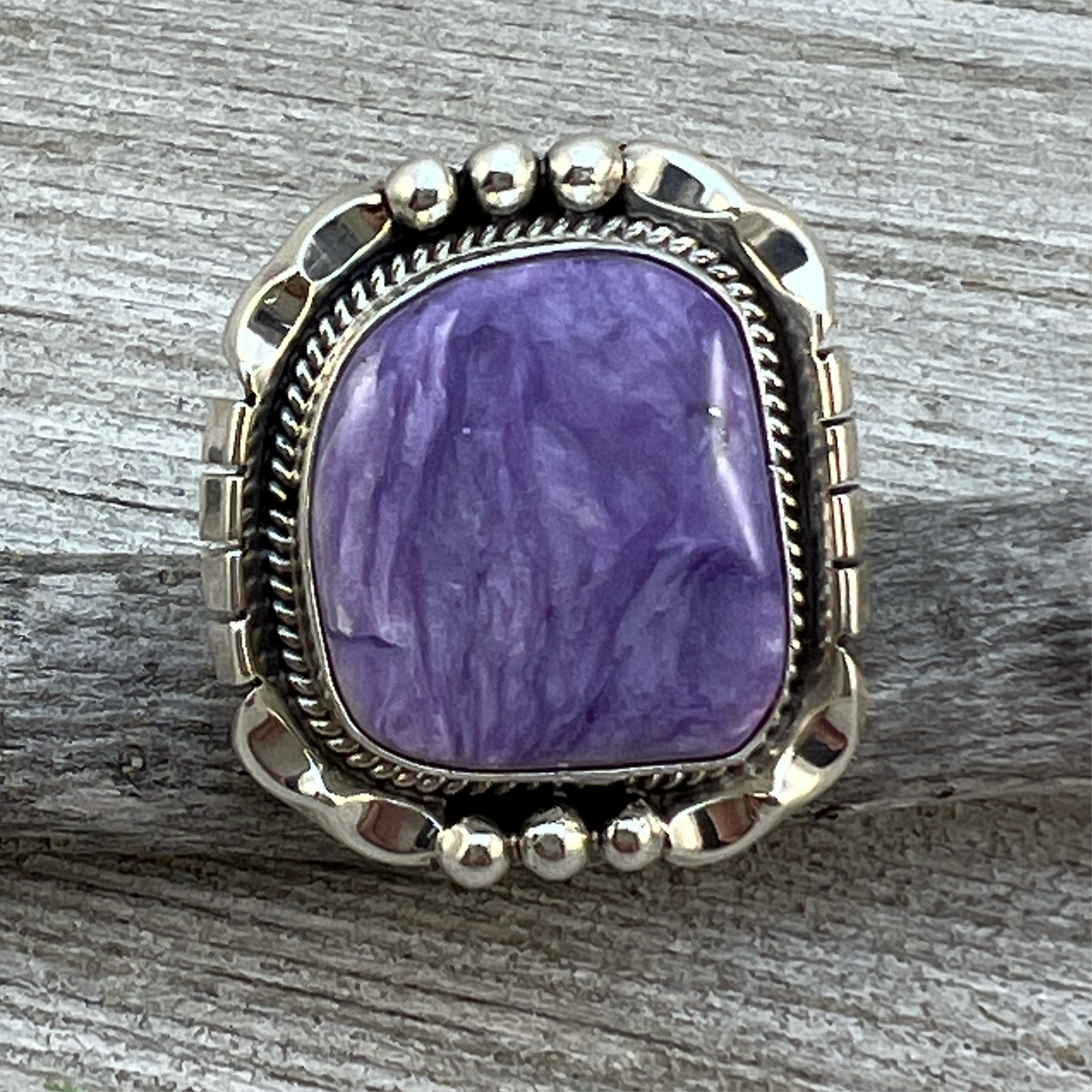 Size 8 Charoite sterling silver handmade ring #1, Navajo Samuel Yellowhair