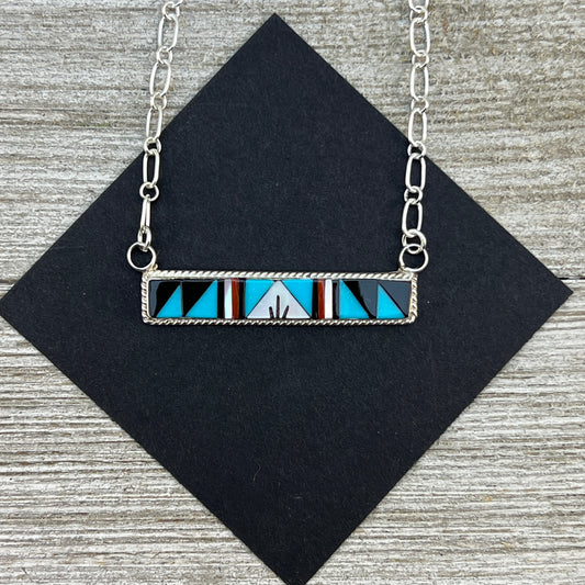 19" Zuni inlay turquoise coral Sterling silver Bar Necklace Rydell and Lynette Yuselew