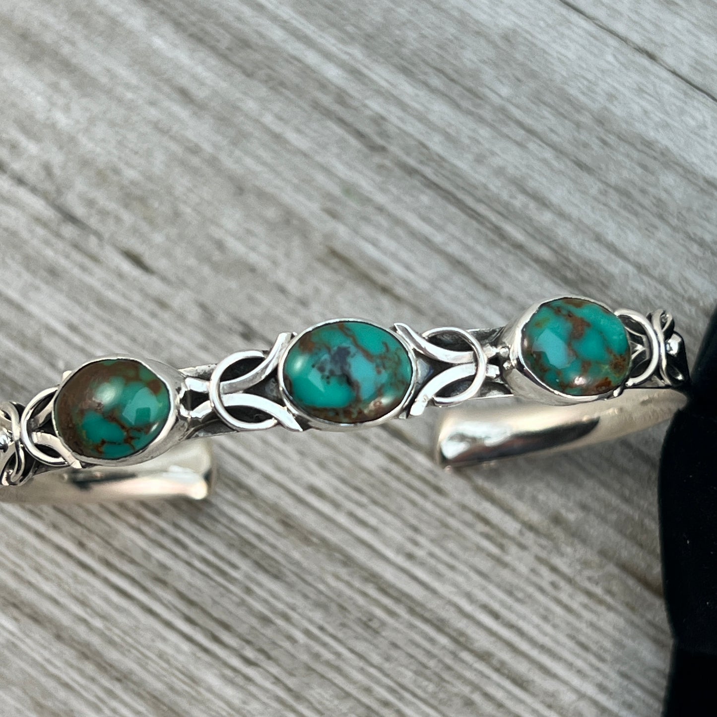 6 1/2" - 7" Kingman Turquoise narrow stacker cuff bracelet #6, Navajo handmade Thomas Yazzie, sterling silver artist signed