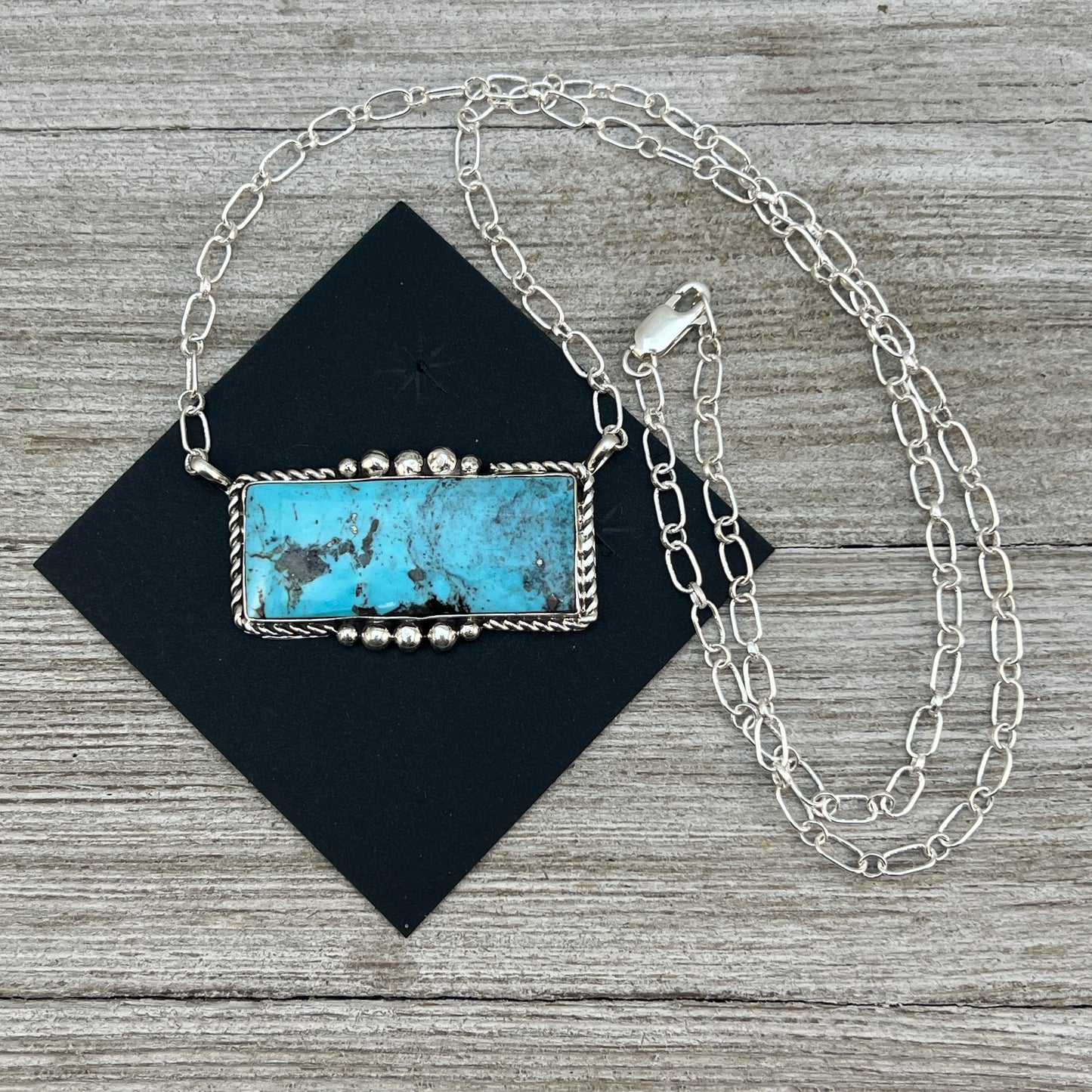 Light Blue Kingman turquoise rectangle bar necklace, #4 Navajo handmade Gilbert Smith, sterling silver