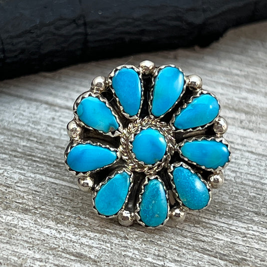 Size 6.5 Blue Turquoise Round Cluster Ring Navajo handmade Sterling Silver Alicia Wilson