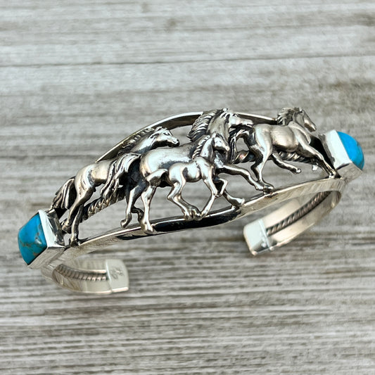 6 1/2" 7" Sterling silver Kingman Turquoise horse cuff bracelet, Navajo handmade Bobby Platero