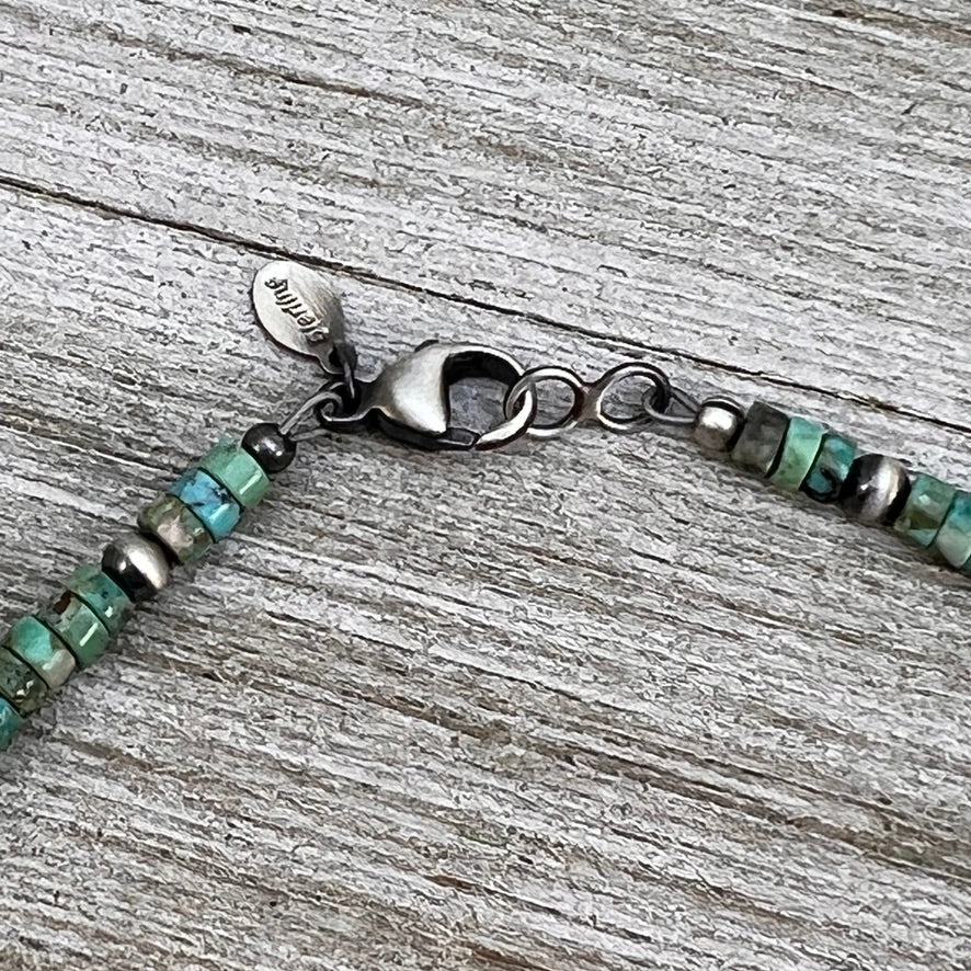 4mm Kingman Turquoise Heishi Necklace with Sterling silver Oxidized Pearls, Southwest Western Jewelry