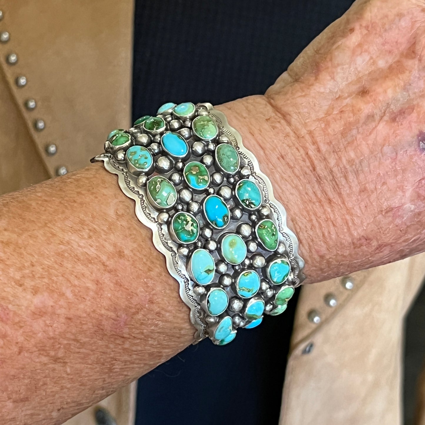 6 3/4" Green Blue Sonoran Turquoise Cuff Bracelet Sterling Silver Tom Lewis 511