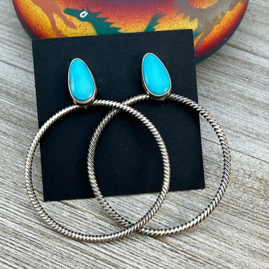 Blue Campitos turquoise hoop earrings, Navajo, Verley Betone, sterling silver post