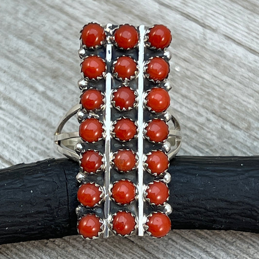 Size 10 Long Mediterranean Coral Zuni Snake Eye Dot Row Ring Kenny Lonjose Sterling Silver