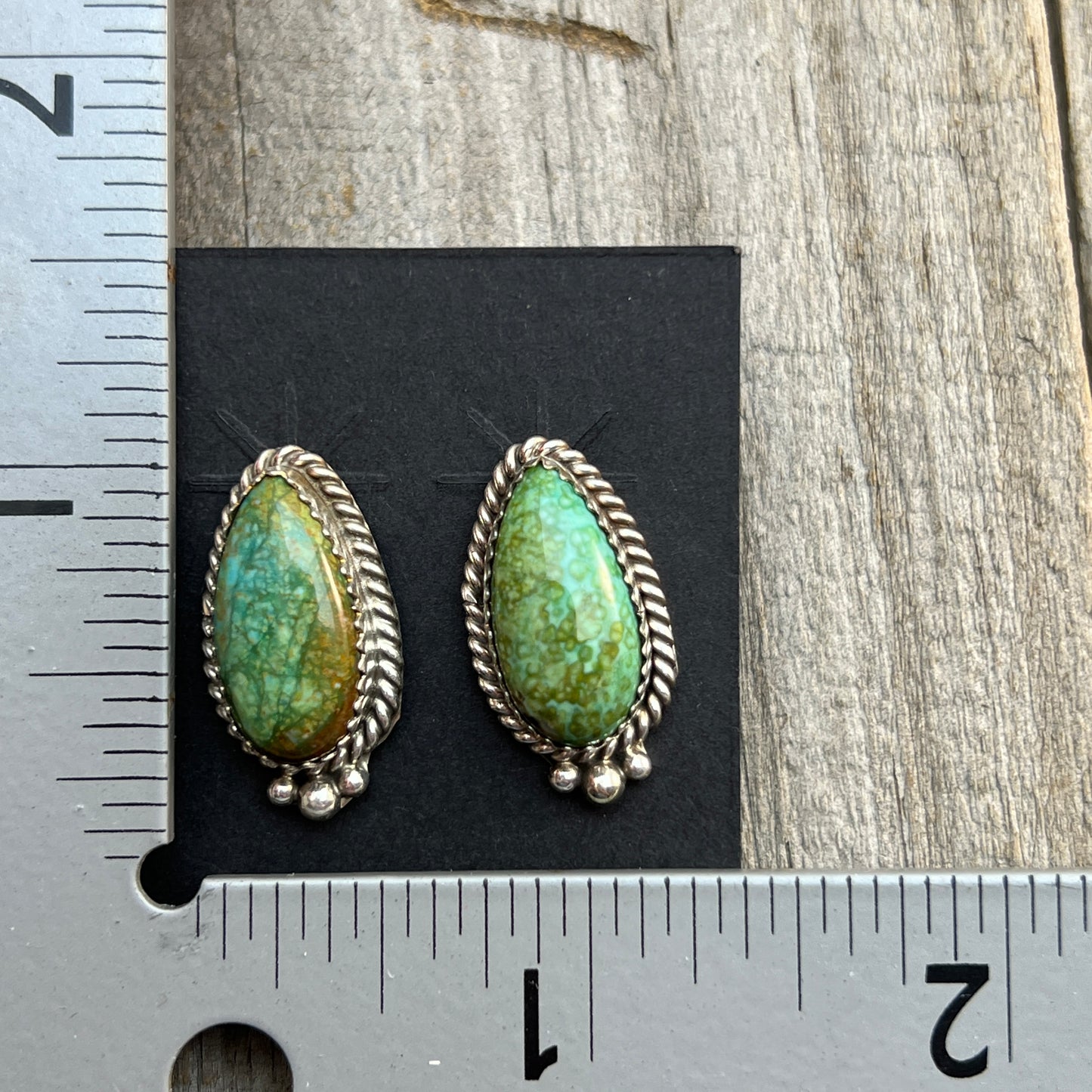 Green Kingman Turquoise Teardrop stud earrings sterling silver Theresa Smith Navajo 720