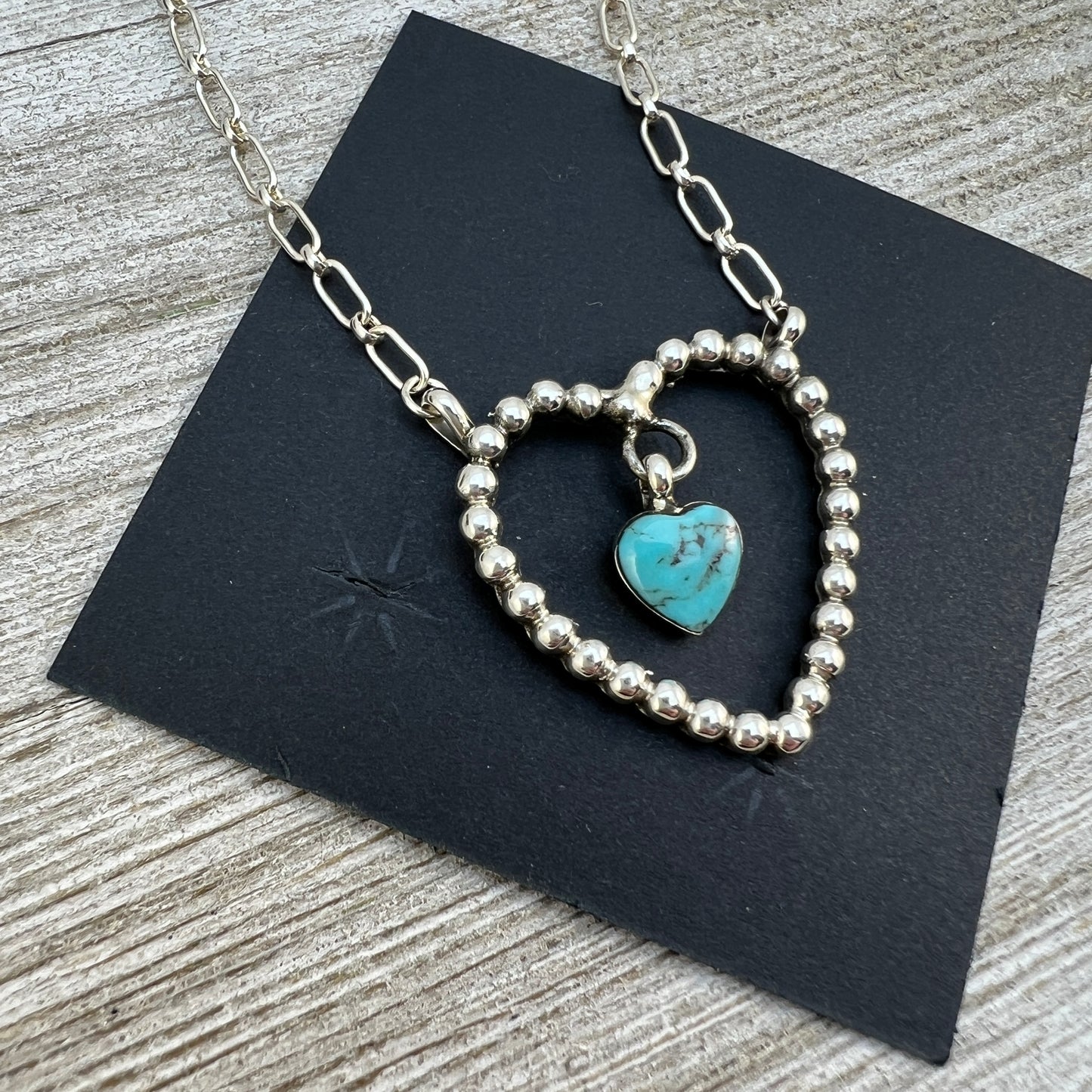 18”Sterling silver turquoise heart necklace #1, Navajo handmade, Franklin Johnson