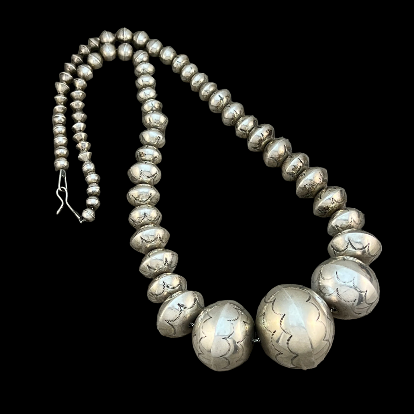 Vintage 28" large Navajo handmade bead necklace 7mm - 39mm sterling silver