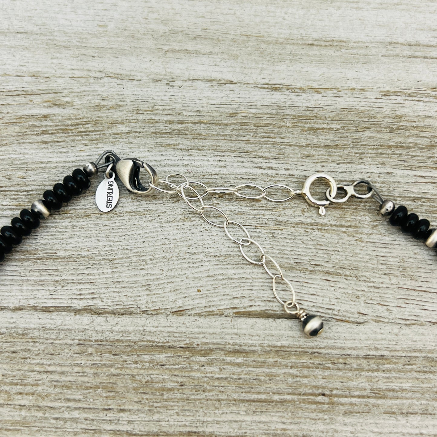 13" 14" 15" 16" 17" adjustable choker, Real Sterling Silver, oxidized, Black Onyx Bead Necklace, Western Boho Pearl