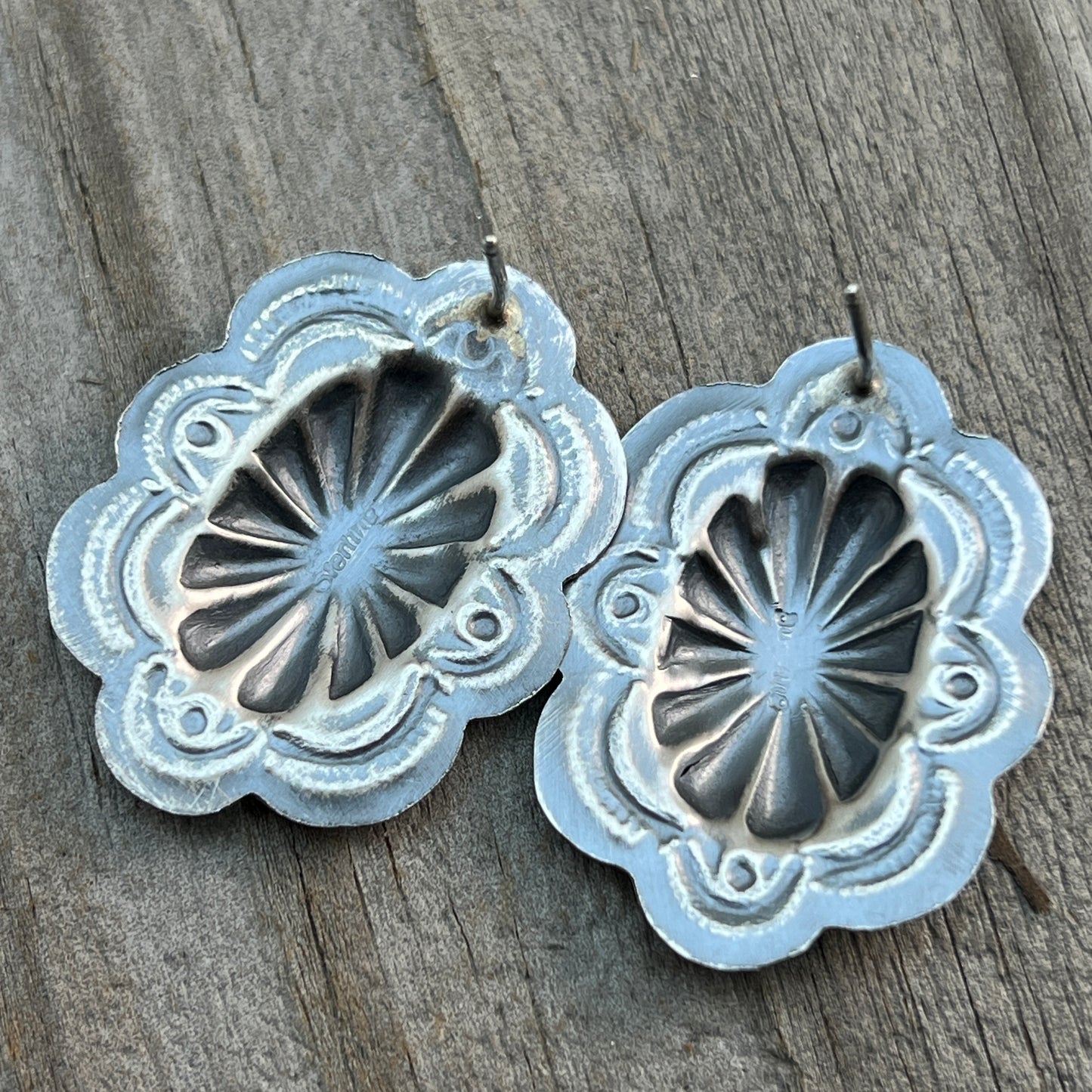 Hand Stamped concho earrings sterling silver Lavina Benally Navajo 713