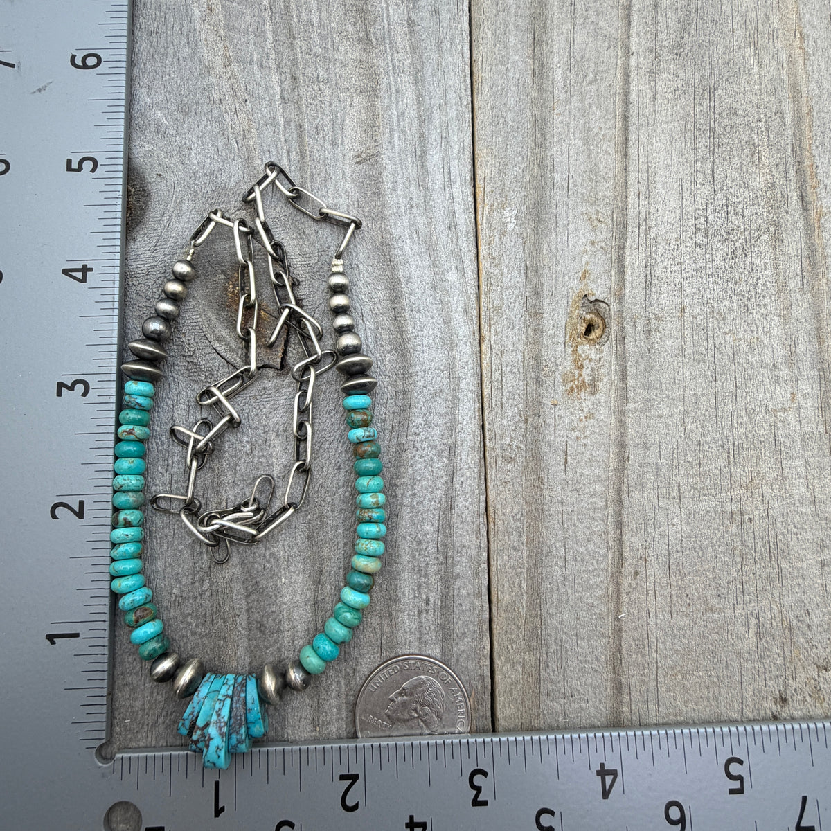 22" Kingman Turquoise Bead Necklace Sterling silver Navajo handmade paperclip Chain