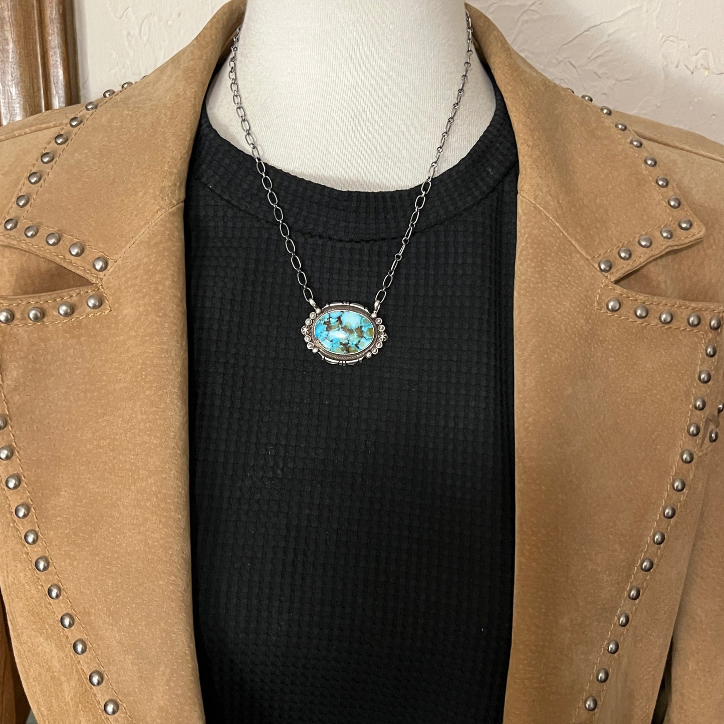 18" Kingman Spiderweb Turquoise Necklace Sterling silver Navajo Daniel Benally 604